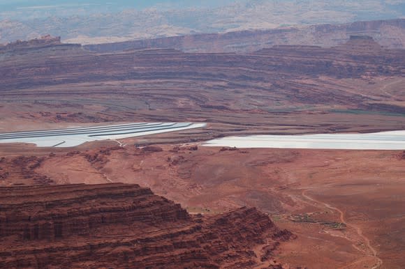 A solar evaporation pond for potash production in the desert.