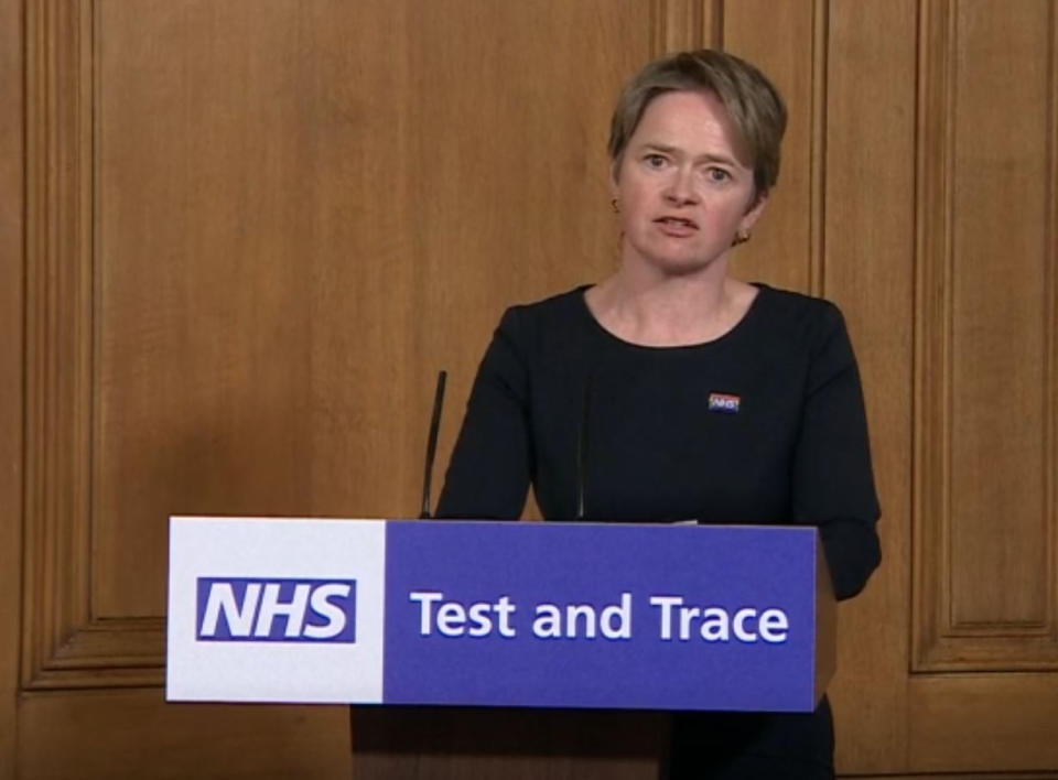 Baroness Dido Harding during a media briefing in Downing Street, London, on coronavirus (COVID-19).