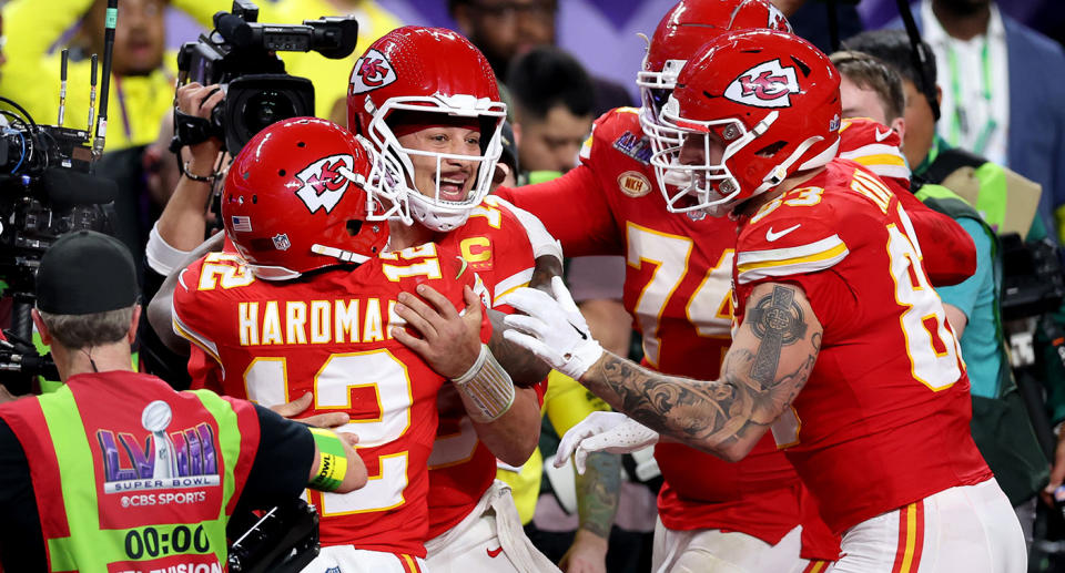 Seen here, Patrick Mahomes celebrates Kansas City's overtime Super Bowl triumph over the San Francisco 49ers. 