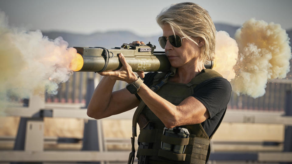 This image released by Paramount Pictures shows Linda Hamilton in "Terminator: Dark Fate." (Kerry Brown/Paramount Pictures via AP)