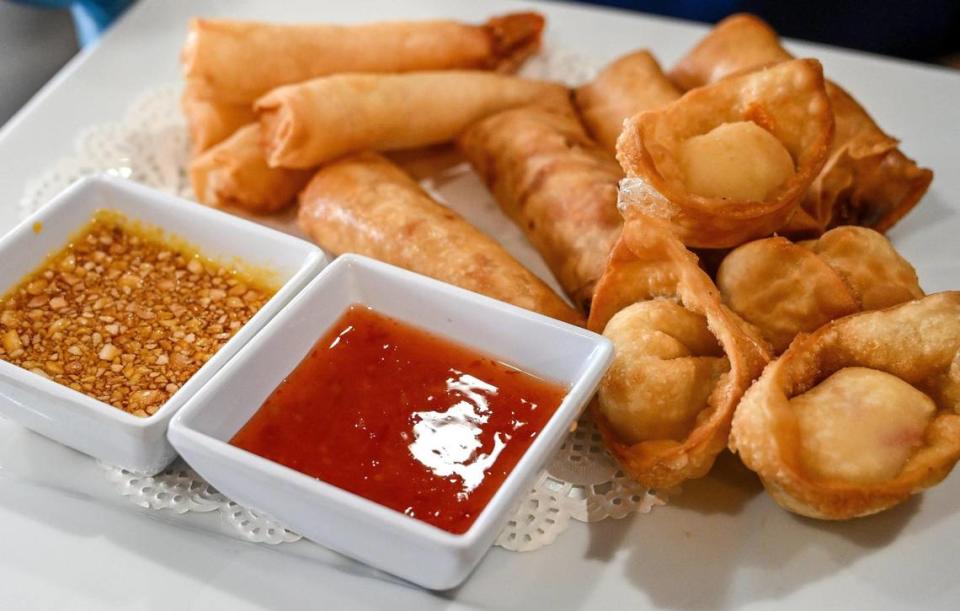 A combo dish of appetizers featuring shrimp rolls, egg rolls and crab rangoon from U-D Thai is a hit among customers at the Thai food restaurant that opened on Kings Canyon and Maple in Fresno last year.