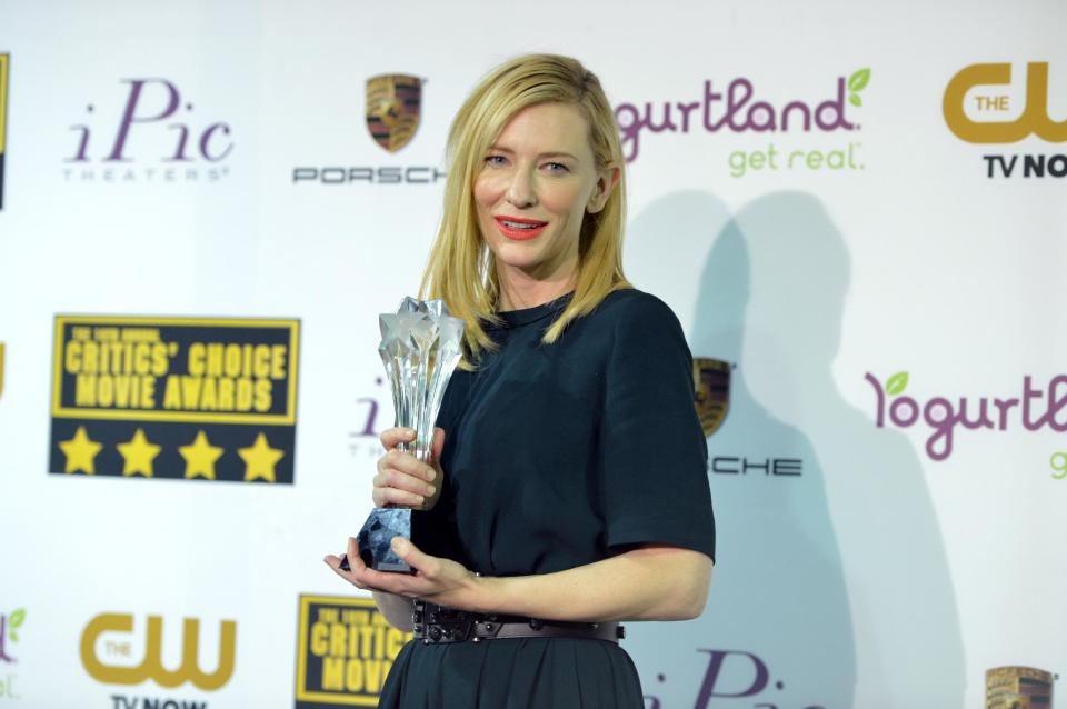 Cate Blanchett poses with the award for best actress for "Blue Jasmine" in the press room at the 19th annual Critics' Choice Movie Awards at the Barker Hangar on Thursday, Jan. 16, 2014, in Santa Monica, Calif. (Photo by John Shearer/Invision/AP)