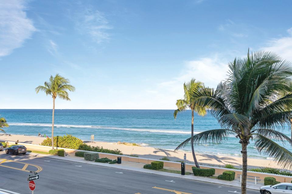 The east balcony of No. 3A on the third floor of the Kirkland House looks across South Ocean Boulevard toward the sea in Midtown Palm Beach.