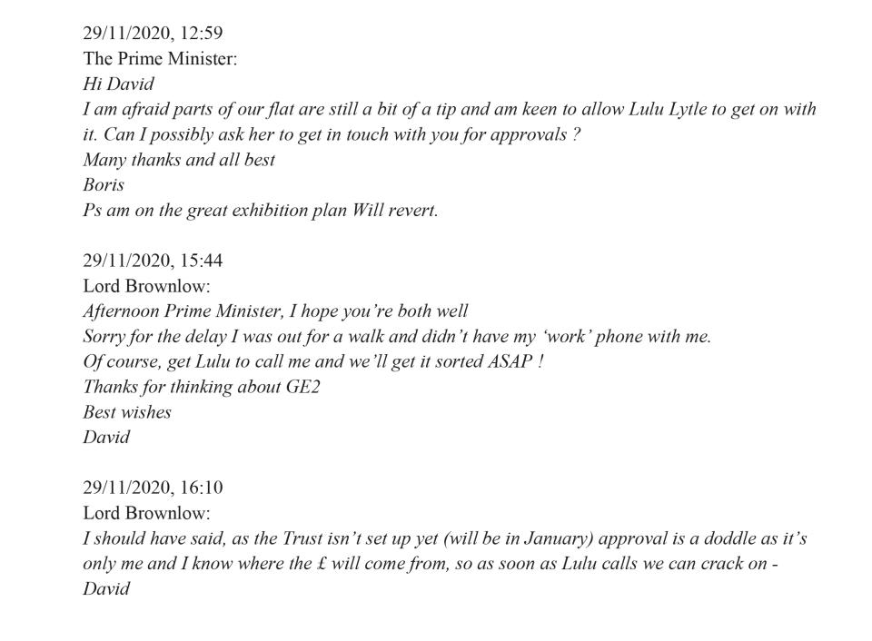 The WhatsApp messages between the Prime Minister and and Lord Brownlow which have been published in a letter from the Prime Minister's standards adviser, Lord Geidt, to Boris Johnson. The Prime Minister has explained that he did not disclose messages exchanged with the Tory donor about his flat refurbishment because they were on an old phone. Issue date: Thursday January 6, 2022.