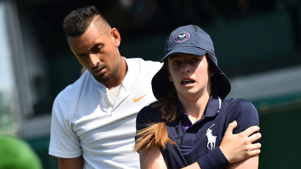 Kyrgios’s rocket serve left a hapless ballgirl in tears. Pic: Getty