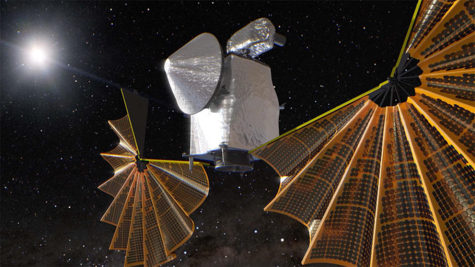 Two frames from a computer animation produced by NASA's Goddard Space Flight Center show how the Lucy asteroid probe's two solar arrays are designed to unfold in a circular fashion. Telemetry indicates one of the two arrays may not have locked in the fully open position after launch Saturday. / Credit: NASA