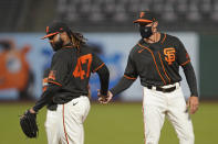 San Francisco Giants starting pitcher Johnny Cueto (47) walks to the dugout after being removed by manager Gabe Kapler during the seventh inning of the team's baseball game against the San Diego Padres on Saturday, Sept. 26, 2020, in San Francisco. (AP Photo/Eric Risberg)