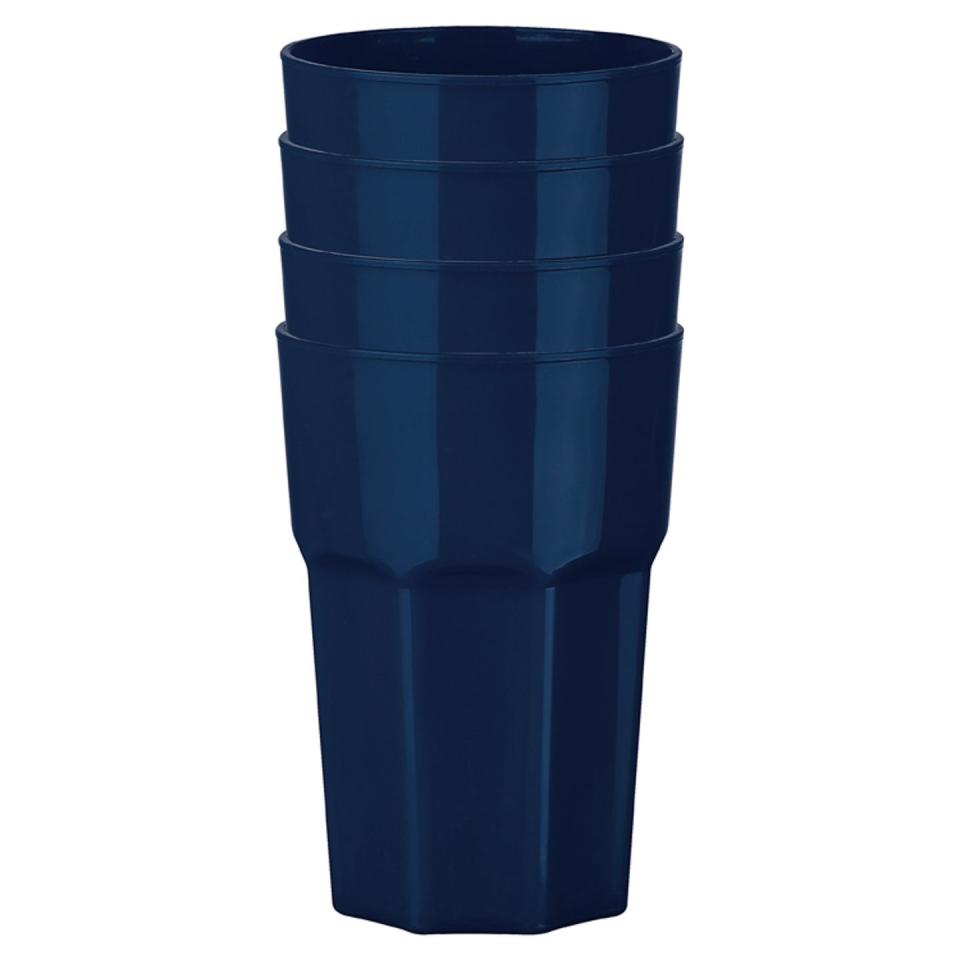 a stack of blue plastic containers