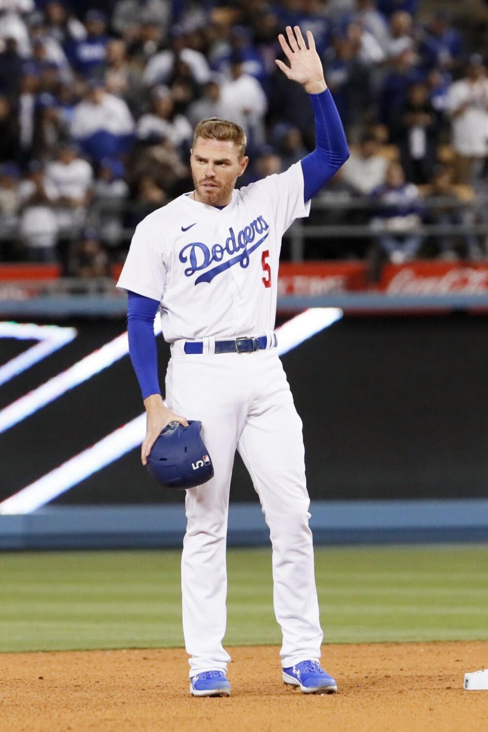 Dodgers first baseman Freddie Freeman acknowledges the crowd.