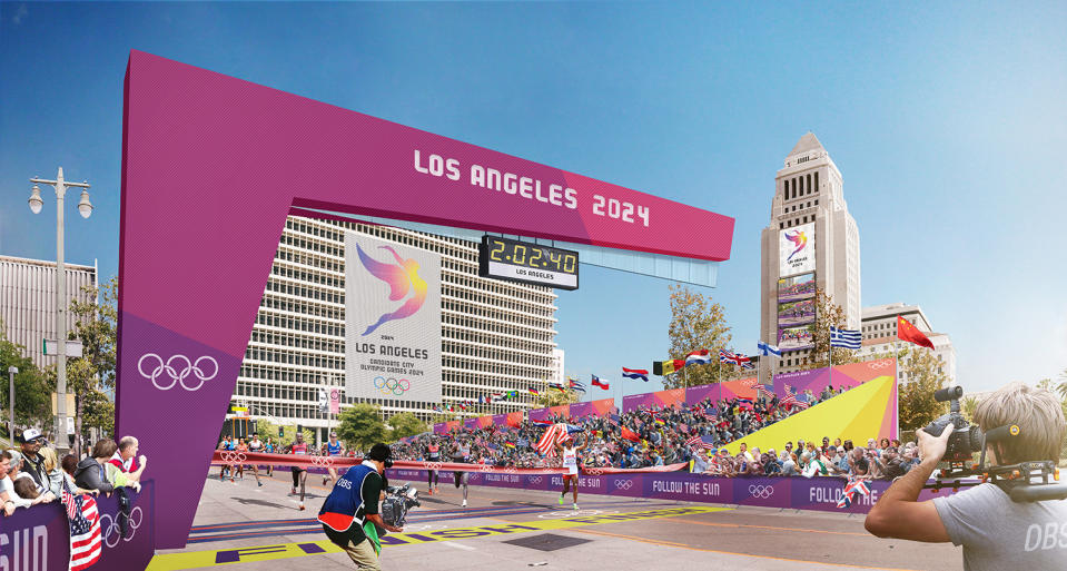 <p>Runners cross the finish line near City Hall as shown in this Downtown Sports Park rendering. (Photo: Courtesy LA 2024) </p>