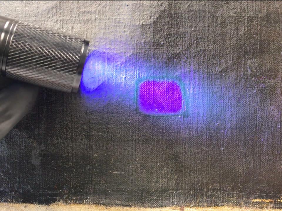 A blacklight is used to find holes in the varnish of a painting.