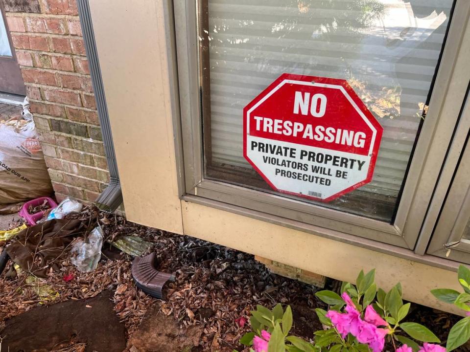 A squatter put up a “No Trespassing” sign in the front window of a duplex unit at 7312 Foley Drive in Belleville.