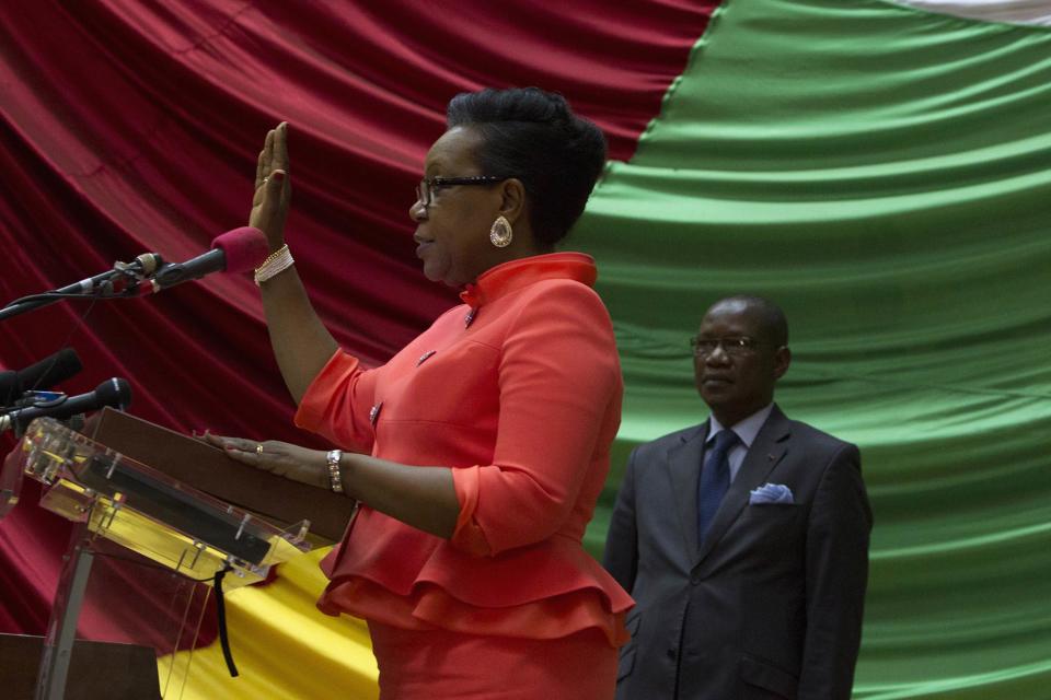 New parliamentary-elected interim President of the Central African Republic Samba-Panza swears an oath during her swearing-in ceremony at the National Assembly in the capital Bangui