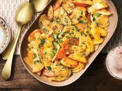 <p>Creamy butter rounds out spicy ginger and garlic and sweet molasses in this simple vegetable side dish. Cutting the carrots and parsnips into coins and the turnips into half-moons makes for quick prep, even cooking, and a beautiful presentation.</p><p><a href="https://www.foodandwine.com/recipes/ginger-and-molasses-glazed-root-vegetables" rel="nofollow noopener" target="_blank" data-ylk="slk:GO TO RECIPE;elm:context_link;itc:0;sec:content-canvas" class="link ">GO TO RECIPE</a></p>