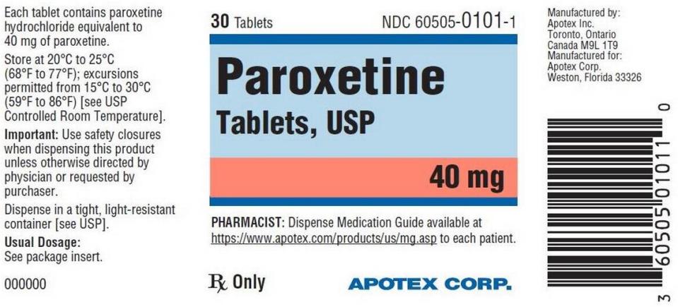 The label on 40 mg strength Paroxetine.