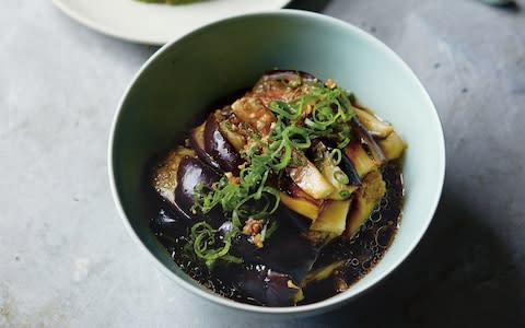 Cool steamed aubergine with a garlicky dressing