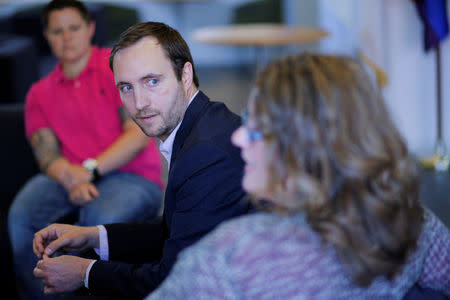 Travis Bickford, Associate Director of Military and Veteran Relations, speaks to Reuters at William James College of Psychology, the first in the nation to run a program focusing specifically on training military veterans to treat the mental health problems of their fellow soldiers and veterans, in Newton, Massachusetts, U.S., May 16, 2017. REUTERS/Brian Snyder