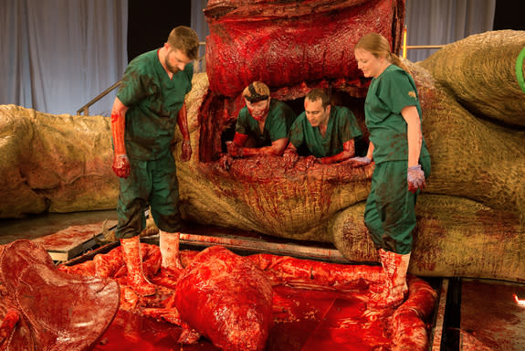 Matthew T. Mossbrucker, Dr. Luke Gamble, Dr. Steve Brusatte and Dr. Tori Herridge (left to right) with the T. rex's removed organs (lung, heart & intestines).