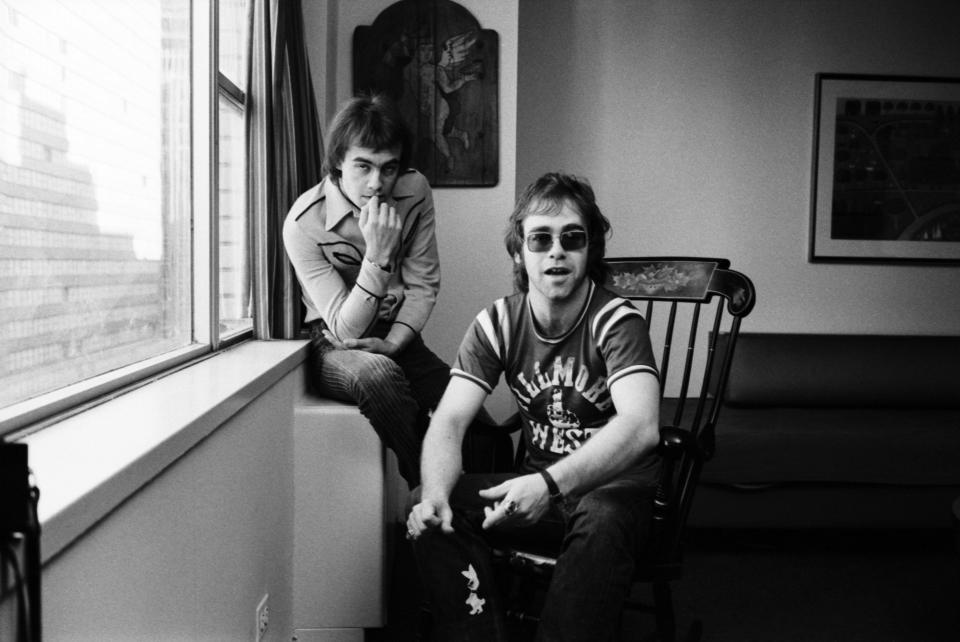 Lyricist Bernie Taupin, left, and singer-songwriter Elton John pose for a portrait in November 1970 in New York City.