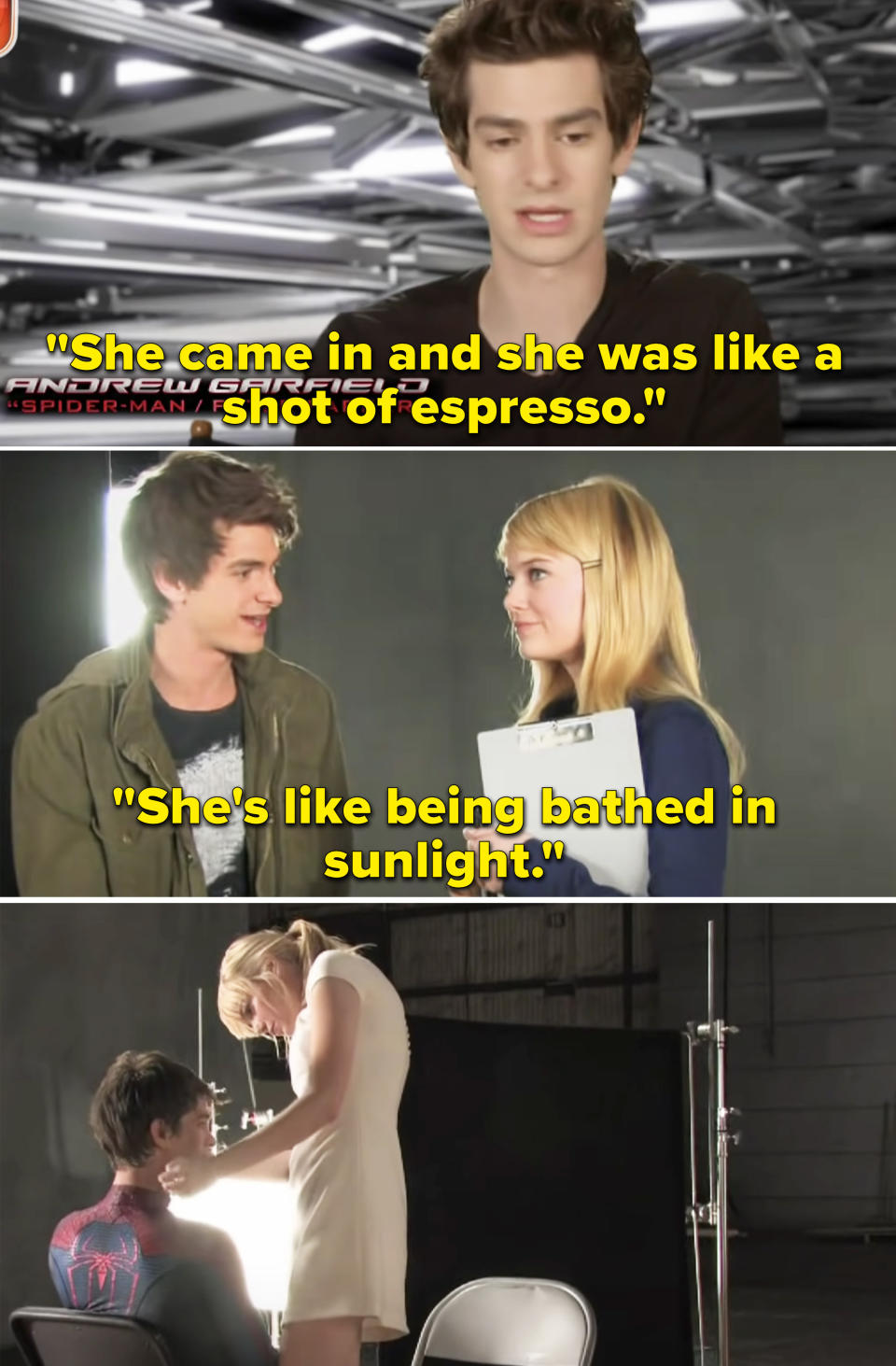 Andrew saying, "She came in and she was like a shot of espresso. She's like being bathed in sunlight"