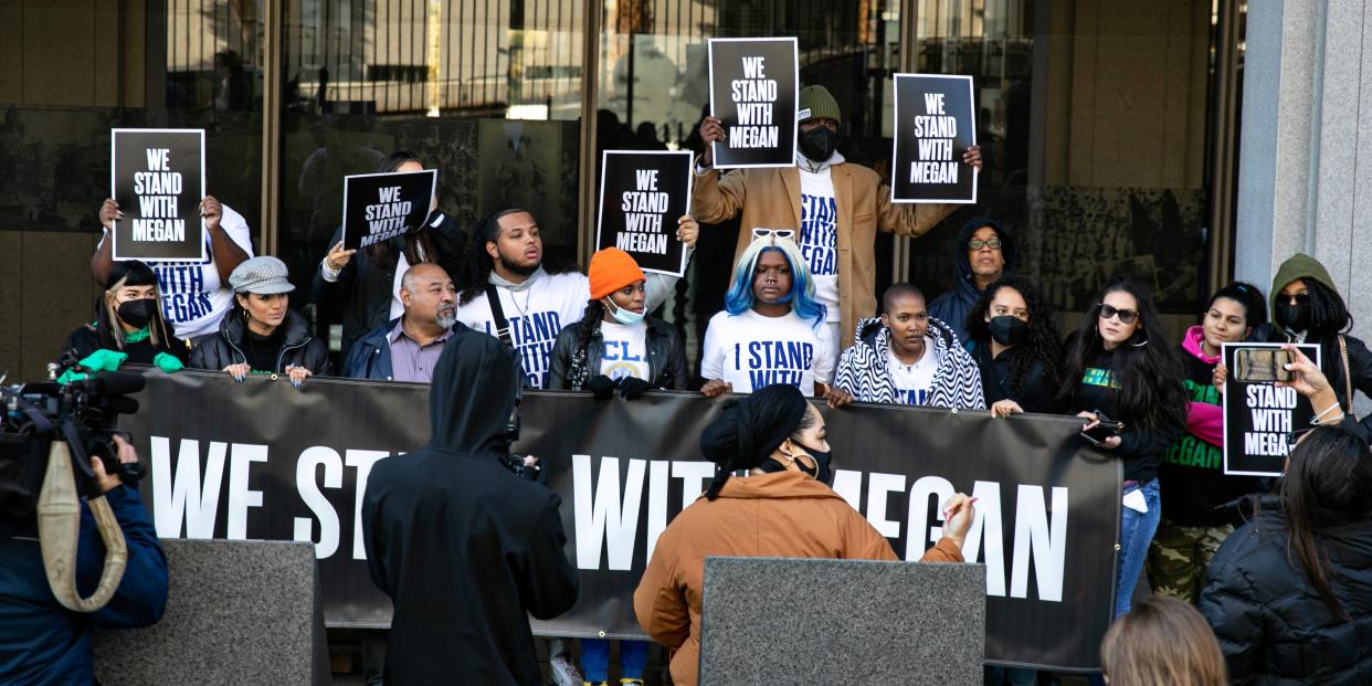 Supporters rally in support of Megan Thee Stallion outside of the courthouse Stallion whose legal name is Megan Pete will testify in the trial of Rapper Tory Lanez for allegedly shooting her on Tuesday, Dec. 13, 2022 in Los Angeles, CA.