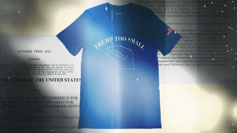 A blue T-shirt with a "TRUMP TOO SMALL" logo and a thumb and forefinger pinched close together printed on the front, against the backdrop of the first page of the Supreme Court's decision in Vidal v. Elster.