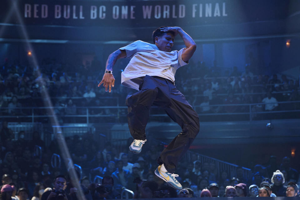 Victor Montalvo, also known as B-Boy Victor, from United States competes in the B-boy Red Bull BC One World Final at Hammerstein Ballroom on Saturday, Nov. 12, 2022, in Manhattan, New York. The International Olympic Committee announced two years ago that breaking would become an official Olympic sport, a development that divided the breaking community between those excited for the larger platform and those concerned about the art form’s purity. (AP Photo/Andres Kudacki)