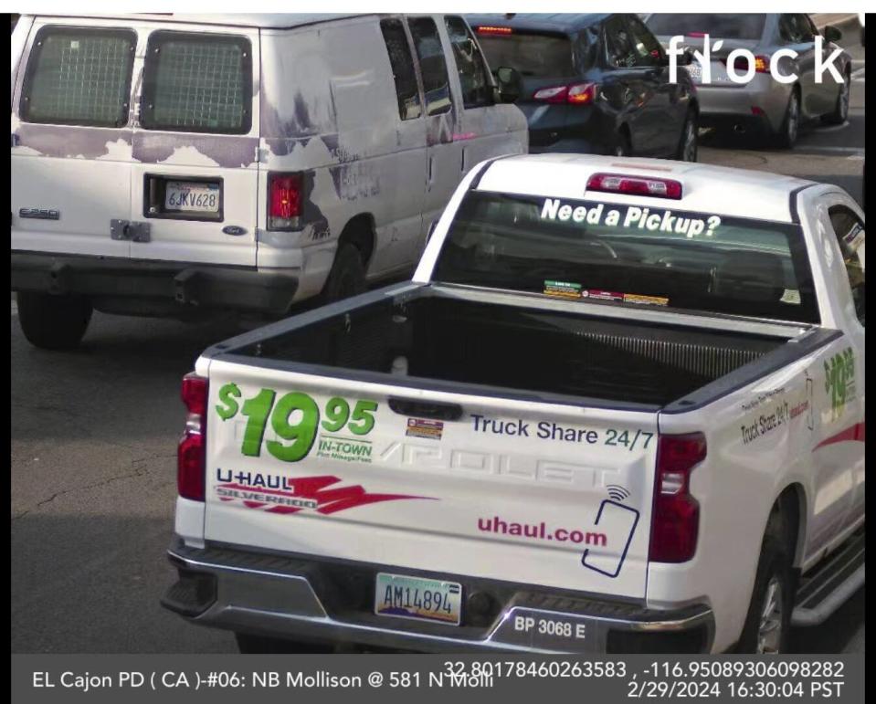 This image provided by the El Cajon (Calif.) Police Dept. shows a white U-haul pickup truck that Mohammed Abdulkareem used to flee the scene of a shooting. Police were seeking Abdulkareem, an “armed and dangerous” suspect following a shooting Thursday, Feb. 29, 2024 in Southern California that left at least three people injured. (El Cajon (Calif.) Police Dept. via AP)
