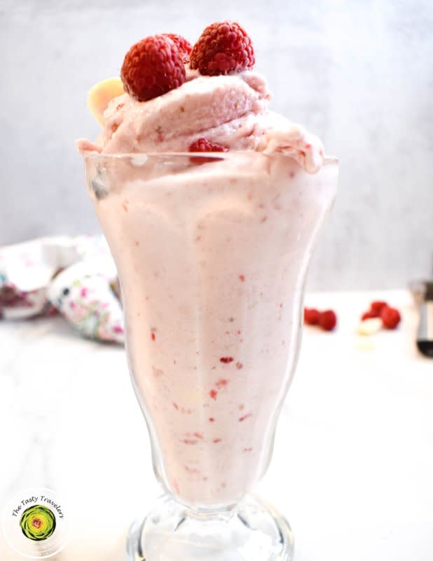 <p>Raspberries and white chocolate go really well together since the raspberries are a little tart and the white chocolate has a mild flavor and a super smooth texture.</p><p><strong>Get the recipe: <a href="https://thetastytravelers.com/ninja-creami-raspberry-white-chocolate-truffle-ice-cream/" rel="nofollow noopener" target="_blank" data-ylk="slk:Ninja Creami White Chocolate Truffle Ice Cream;elm:context_link;itc:0;sec:content-canvas" class="link ">Ninja Creami White Chocolate Truffle Ice Cream</a></strong></p>