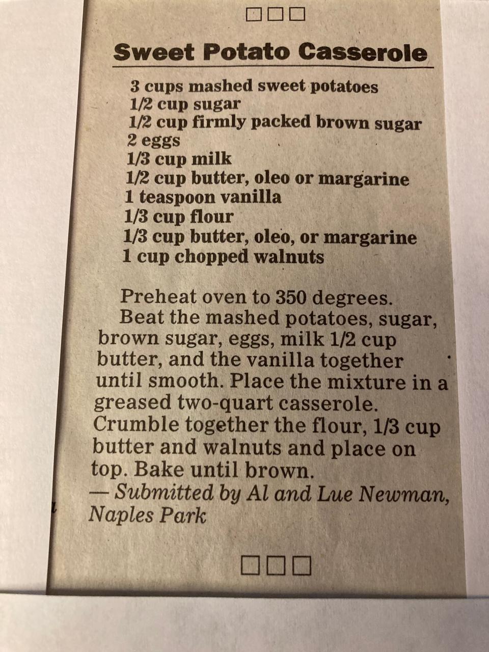 The original sweet potato casserole recipe Naylor cut out of the Bonita Banner, provided by Al and Lue Newman of Naples Park.