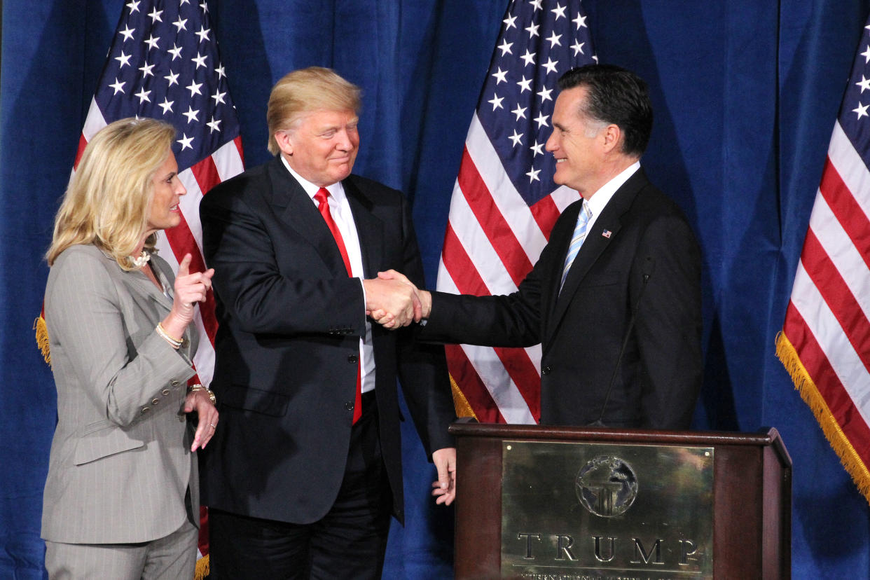 In 2012, Donald Trump endorsed Mitt Romney for president in Las Vegas. (mpi88/MediaPunch Inc./IPX via AP)