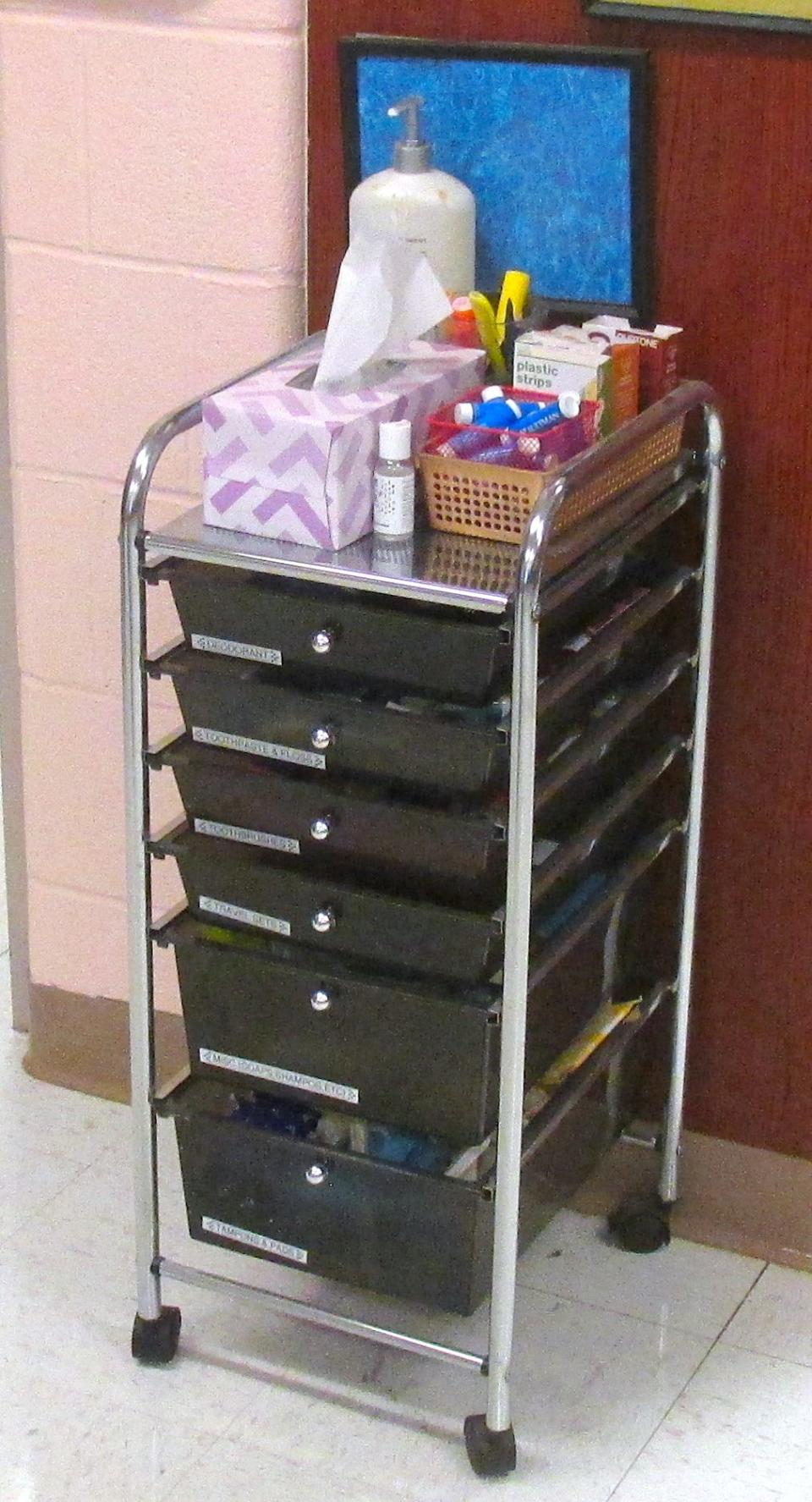 An art cart of personal hygiene products is available to students who need them in Sandy Miller's art room at the high school.