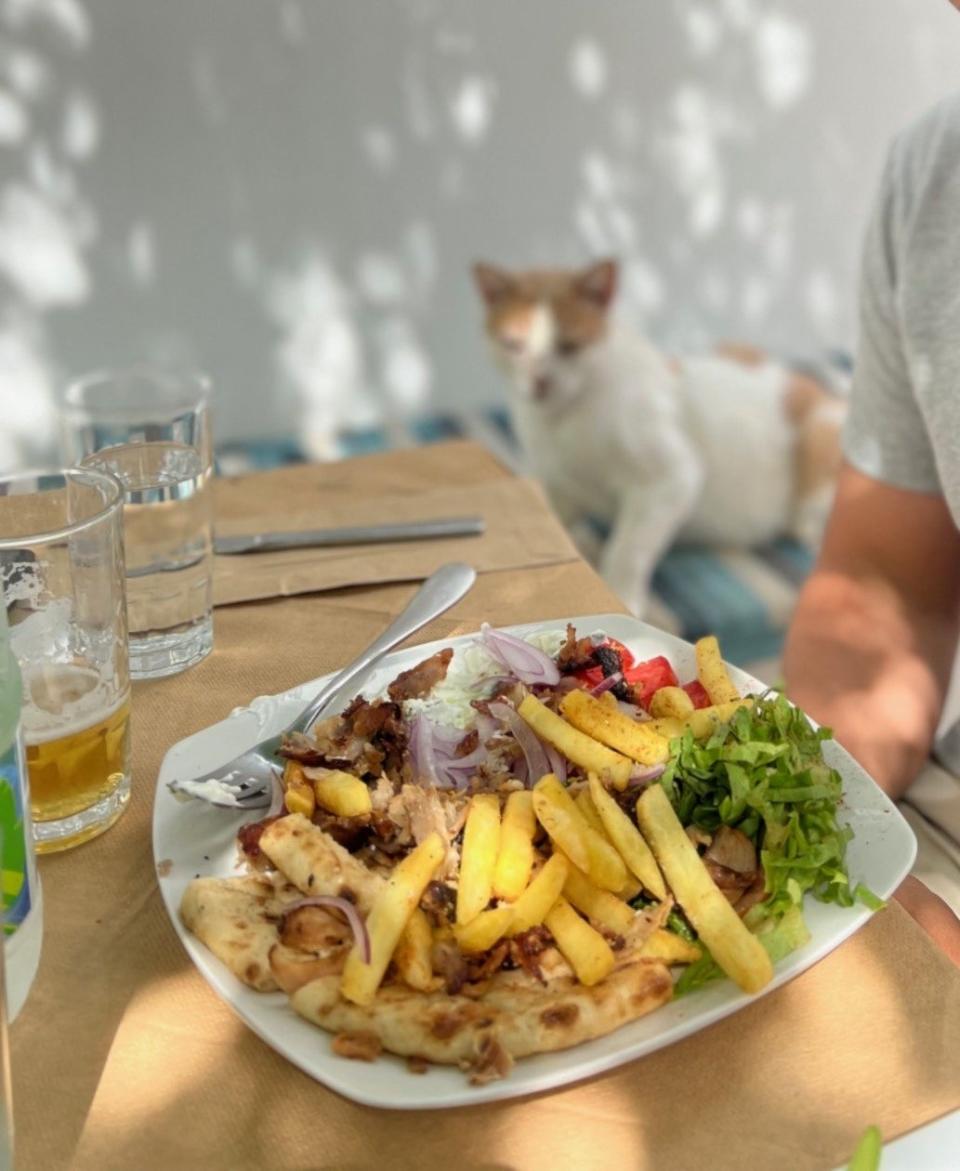 A plate of pita with gyro.