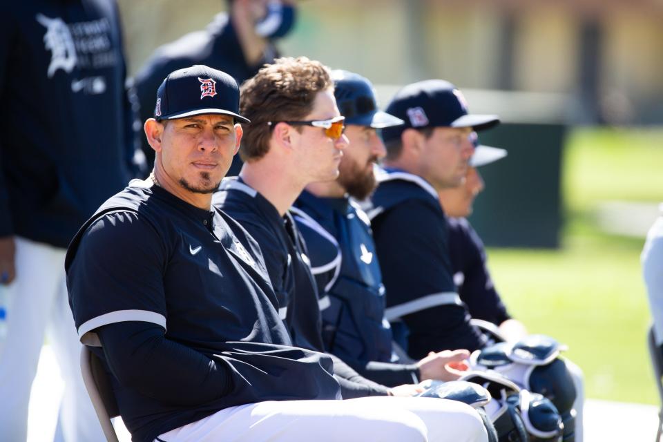 Tigers catcher Wilson Ramos during a break in the workout at Joker Marchant Stadium in Lakeland, Florida, on Saturday, Feb. 20, 2021.