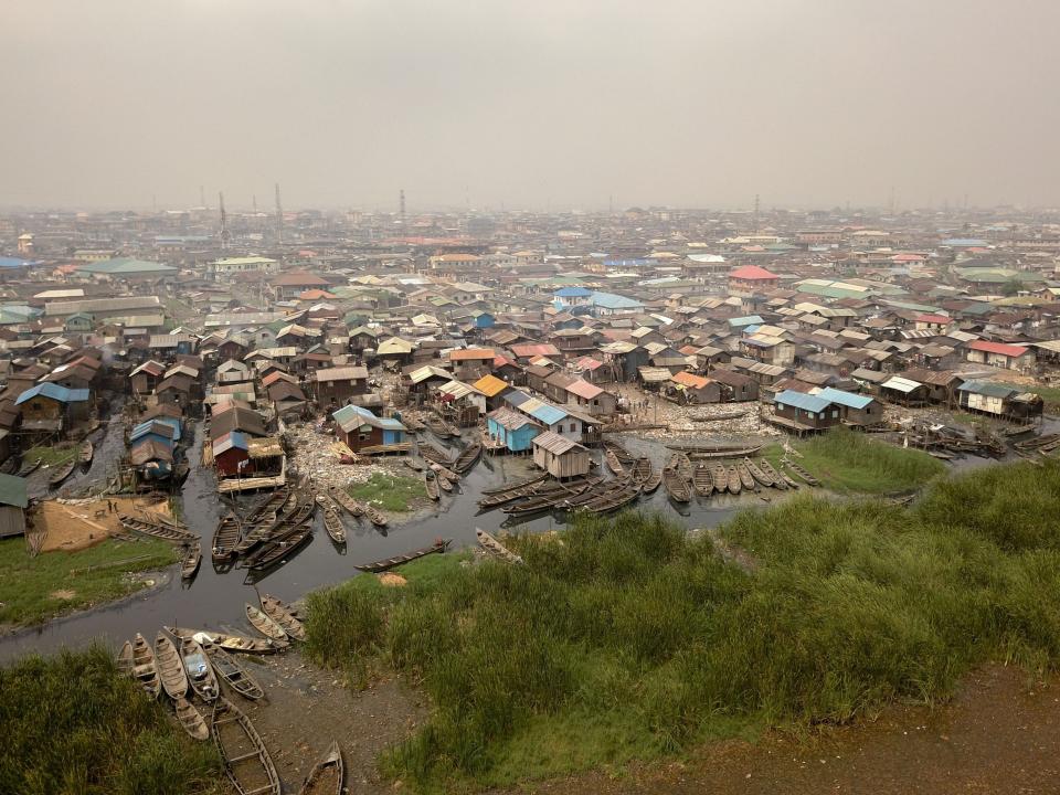 A shanty slum built on stilts in the Bariga waterfront fishing community in Lagos, Nigeria's commercial capital.