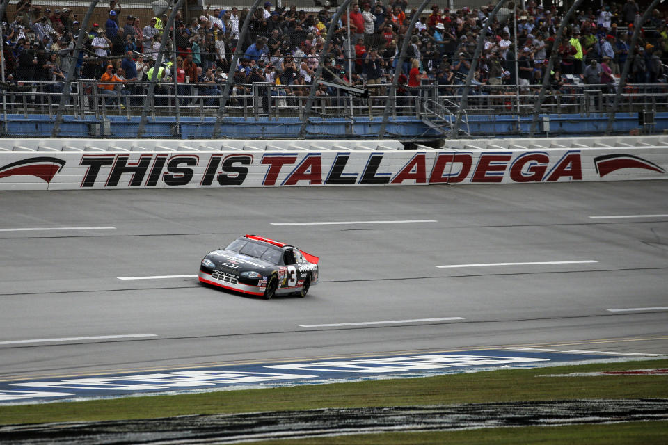 FILE - In this Oct. 13, 2019 file photo, the No. 3 car of the late NASCAR driver Dale Earnhardt Sr., driven by Richard Childress, takes a lap before a NASCAR Cup Series auto race at Talladega Superspeedway in Talladega, Ala. NASCAR's return to racing next shifts to Talladega Superspeedway in Alabama, with a new rules package altered after Ryan Newman's frightful crash in the season-opening Daytona 500. (AP Photo/Butch Dill)