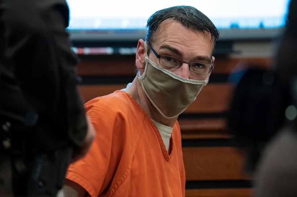 James Crumbley, the father of Ethan Crumbley who is accused of the deadly school shooting at Oxford High School in late November, sits in the courtroom of Judge Julie Nicholson of 52/3 District Court in Rochester Hills on Feb. 8, 2022. The couple is facing involuntary manslaughter charges for allegedly buying the gun that the police say their son used in the shooting that killed four students and injured six other students and a teacher.