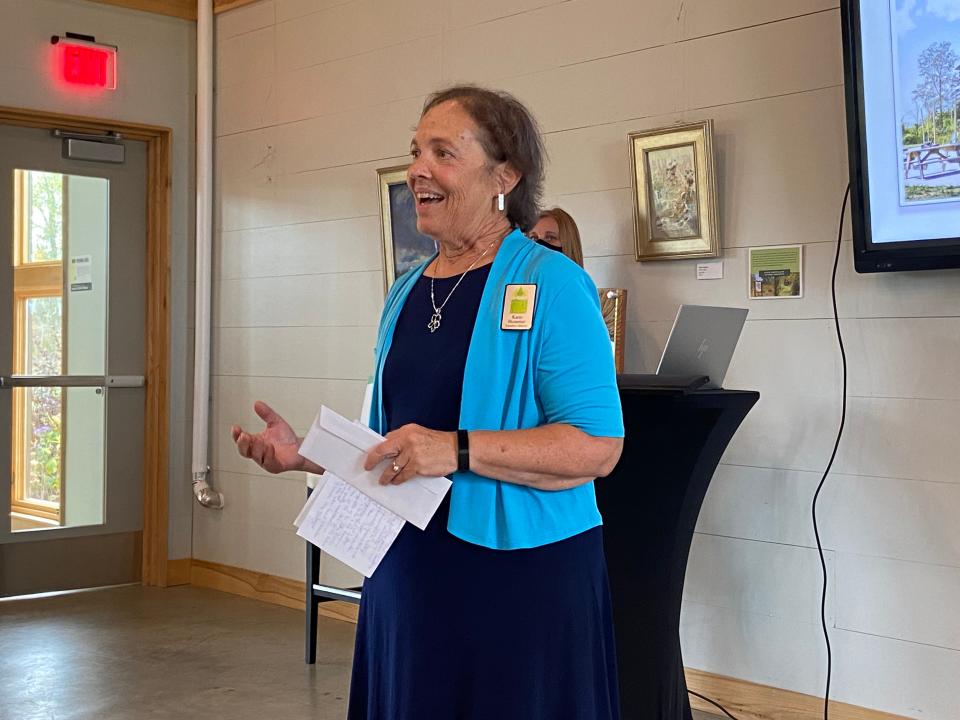 Karin Hostetter, executive director of Cope Environmental Center, spoke about the future as Cope Environmental Center celebrated Wednesday, Oct. 6, 2021, its Environmental Education Center becoming the 29th building worldwide to receive Living Building certification from the International Living Futures Institute.