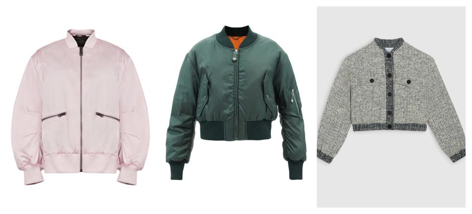 L-R: Econyl bomber jacket, was £239 now £167, All Saints; Cropped bomber jacket, was £1,050 now £472, Stella McCartney at Matches Fashion; Tweed bomber jacket, was £329 now £164.50, Claudie Pierlot