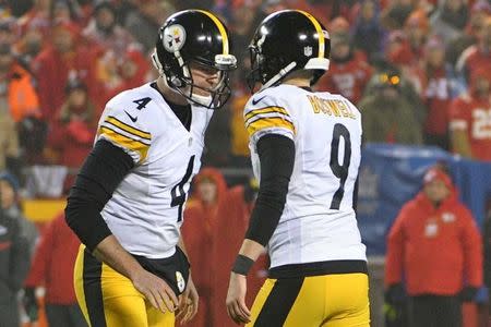 Jan 15, 2017; Kansas City, MO, USA; Pittsburgh Steelers punter Jordan Berry (4) greets kicker Chris Boswell (9) during the third quarter against the Kansas City Chiefs in the AFC Divisional playoff game at Arrowhead Stadium. Mandatory Credit: Denny Medley-USA TODAY Sports