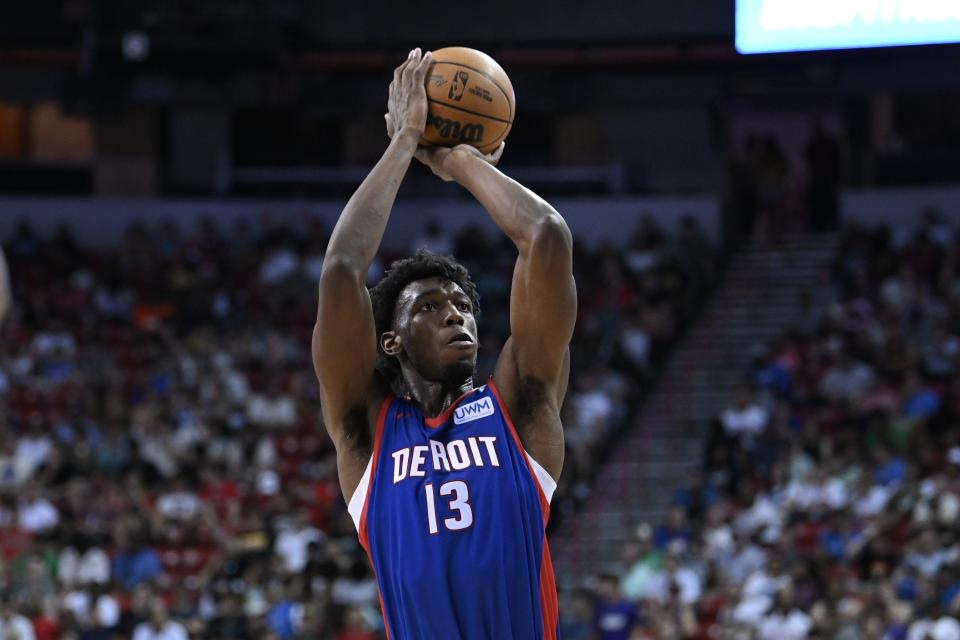 James Wiseman #13 of Detroit Pistons shoots a free throw against the Orlando Magic during the third quarter of a 2023 NBA Summer League game at the Thomas & Mack Center on July 8, 2023 in Las Vegas, Nevada.