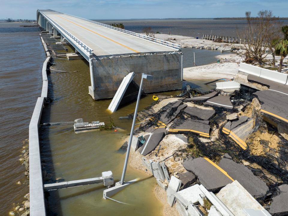 A massive section of the Sanibel Causeway collapsed due to the effects of Hurricane Ian Thursday, Sept. 29, 2022, in Fort Myers, Fla.