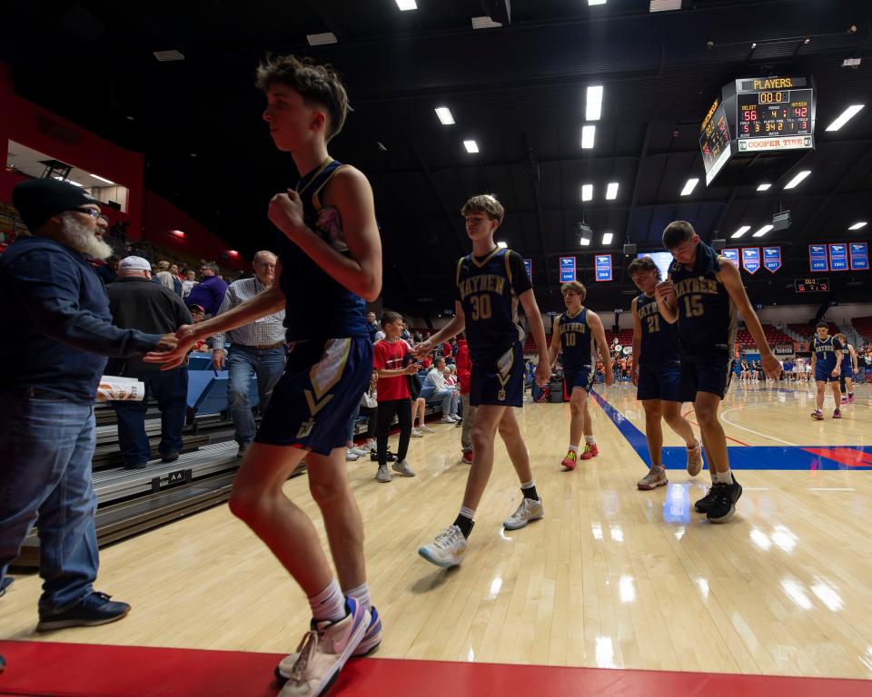 Hayden walks off the court during State Basketball March. 6, 2024 at Hutchinson Sports Arena.