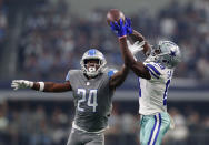 <p>Nevin Lawson #24 of the Detroit Lions tries to break up the pass caught by Michael Gallup #13 of the Dallas Cowboys in the first quarter of a game at AT&T Stadium on September 30, 2018 in Arlington, Texas. (Photo by Tom Pennington/Getty Images) </p>
