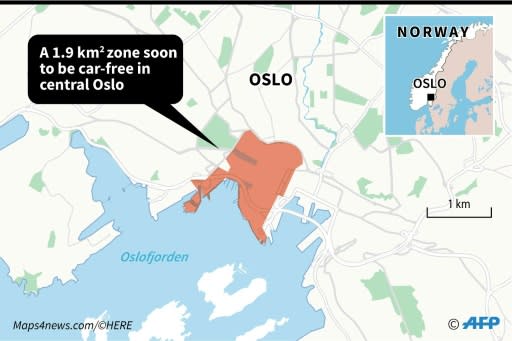 Map locating a 1.9 km zone in central Oslo soon to be car free