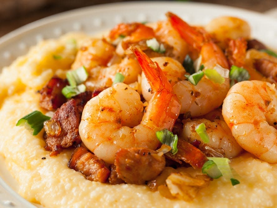 Shrimp and grits on a white plate