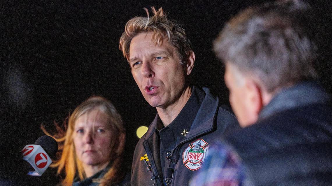 Boise Fire Department Operations Chief Aaron Hummel speaks at a news conference Wednesday about the building-frame collapse that killed three people and injured nine, five critically.