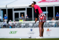 Marina Alex follows her putt on the 18th hole during the first round of the ShopRite LPGA Classic golf tournament, Friday, June 10, 2022, in Galloway, N.J. (AP Photo/Matt Rourke)