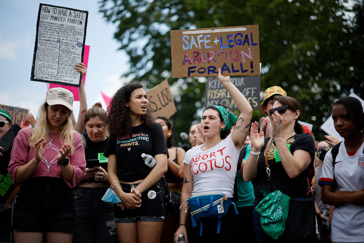 Thousands of abortion-rights activists gather in front of the U.S. Supreme Court in Washington, D.C., after the Court announced a ruling in the Dobbs v Jackson Women's Health Organization case on June 24, 2022.