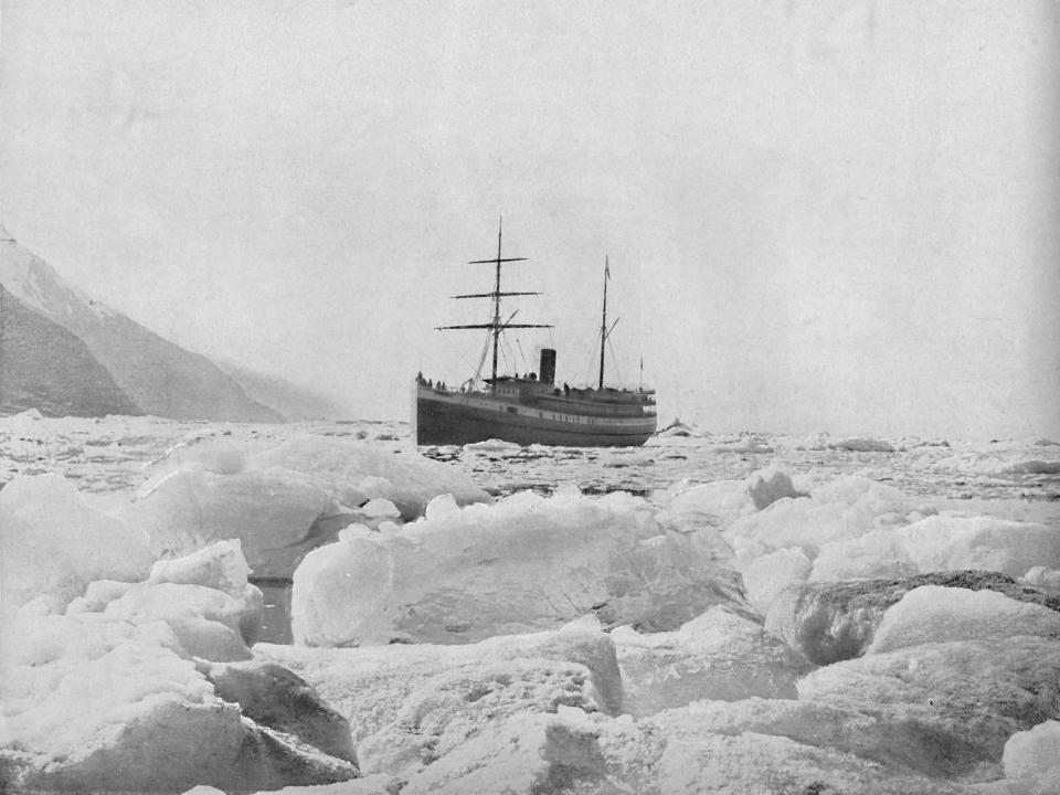 Steamer "Queen", Glacier Bay, Alaska', circa 1897. From "A Tour Through the New World America", by Prof. Geo. R. Cromwell.